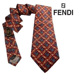 Fendi Neck Tie Italy Luxury Classic Silk Floral Gold Scroll Pattern Vintage